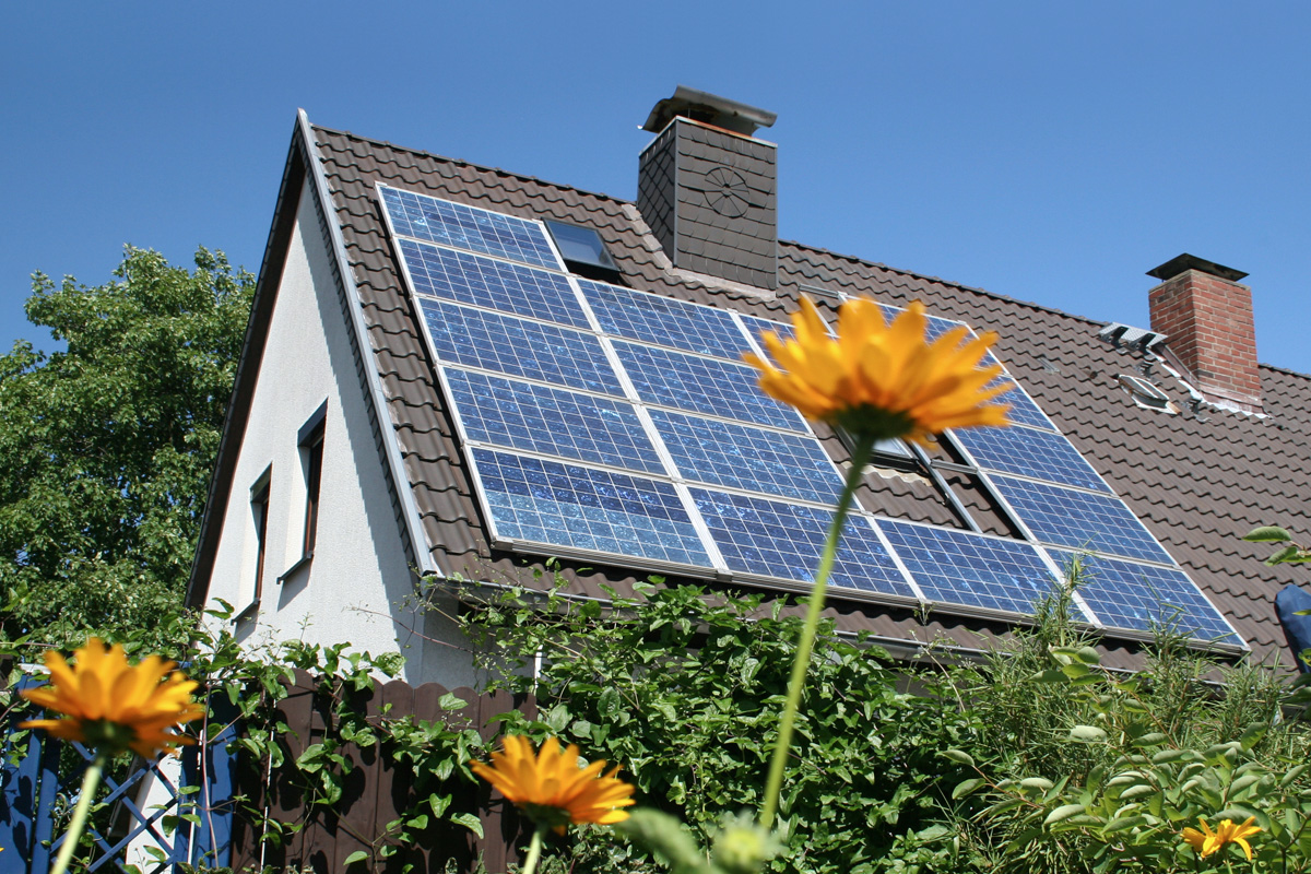 picture of garden and house with roof-top solar panels